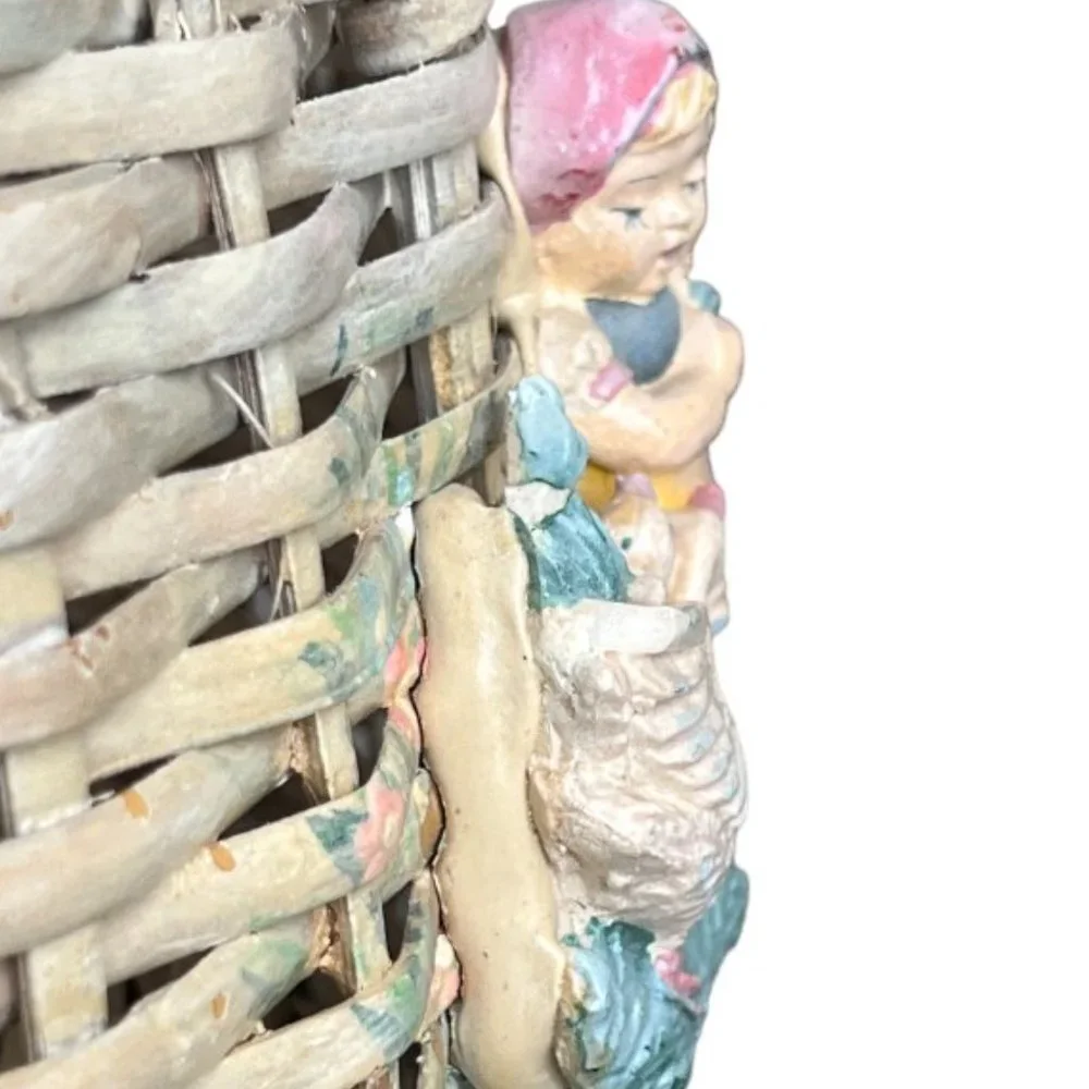 RARE! Vtg Basket Barbola Gesso Adornment Handpainted Girl Geese Philippines 14